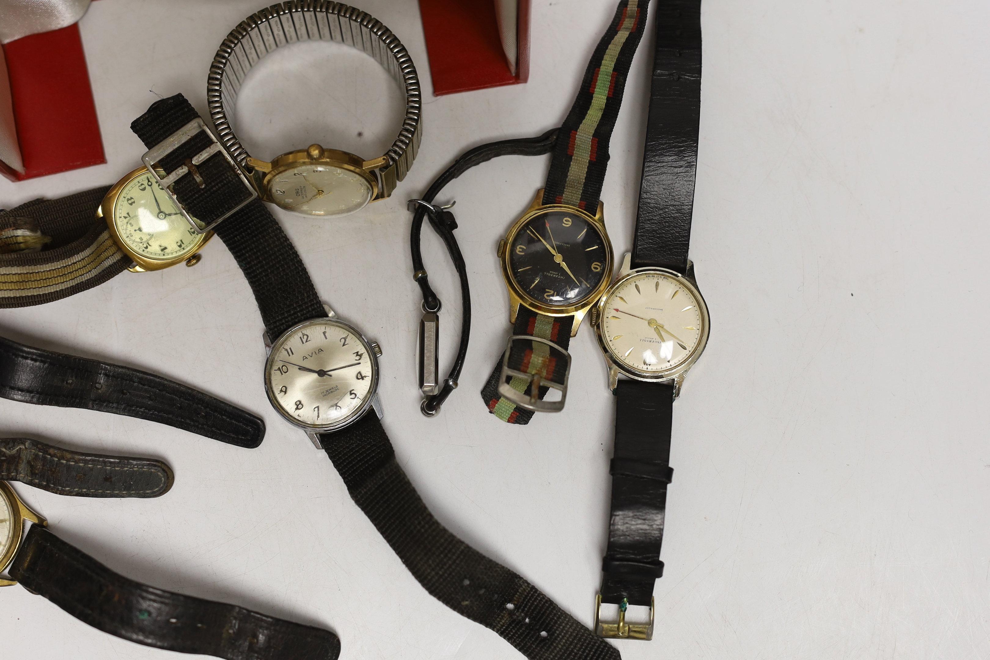 A gentleman's steel and gold plated Longines quartz wrist watch, with box, a lady's steel Jaeger LeCoultre manual wind wrist watch and eight other assorted gentleman's wrist watches including Ingersoll, Accurist and Oris